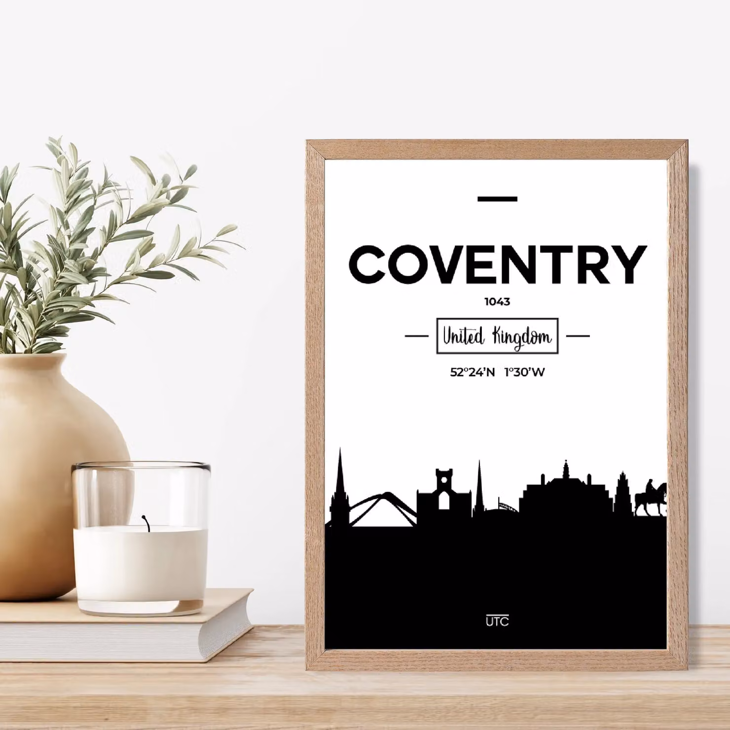 ARTZE Coventry Black and White City Skyline Framed Print with Oak Frame, A3 – 2
