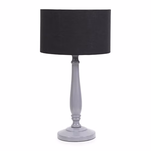 ValueLights Traditional Grey Wood Candlestick Table Lamp with Black Fabric Drum Shade and LED Bulb
