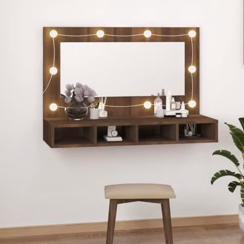 vidaXL Modern Brown Mirror Cabinet with LED Lighting and Internal Shelves, W/D/H: 90 x 31.5 x 62 cm – 2