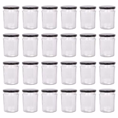 Argon Tableware Glass Jam Jars with Airtight Black Lids, 380ml, Pack of 24 – 1
