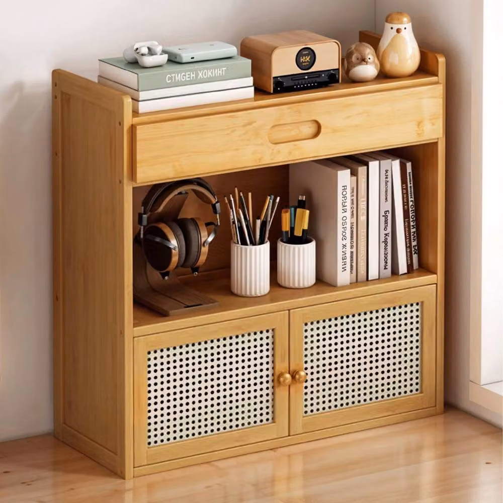 FLAVORA Bamboo Storage Cabinet with Rattan Doors and Drawers in Brown, W: 100 cm, D: 60 cm – 4