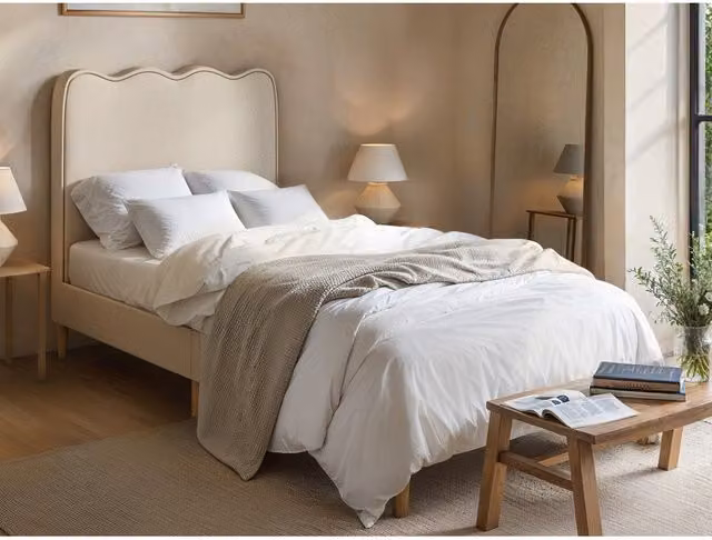 Flair Furnishings Ellis Single Bed Frame with Cloud Headboard in Beige Woven Fabric, 90 x 190 cm – 1