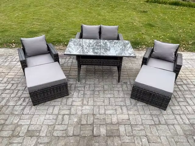 Fimous 6 Seater High Back Rattan Garden Furniture Set with Dining Table, Armchair and 2 Footstools in Dark Grey Mixed