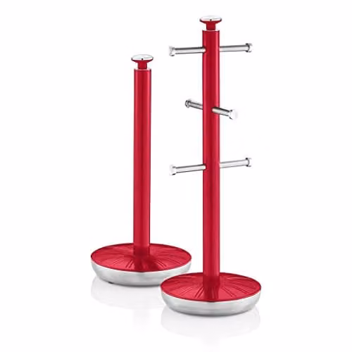 Swan Retro Freestanding Kitchen Towel Pole and 6 Branch Mug Tree in Red – 1