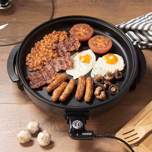 VonShef 6L Electric Frying Pan with Glass Lid, Black, 42cm Diameter, 1500W – 8