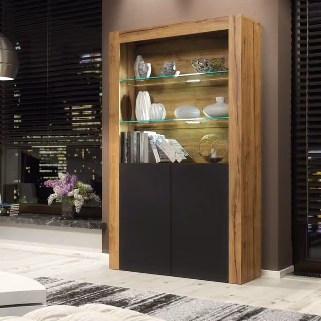 Creative Furniture Modern Display Cabinet in Brown and Black with LED Lighting, W/D/H: 100 x 35 x 170 cm
