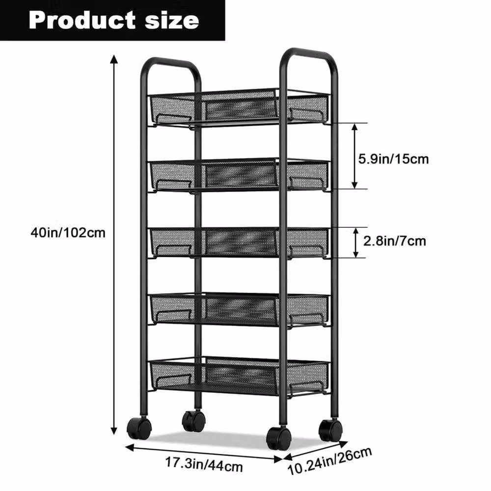 KORVIXA Heavy-Duty 5-Tier Metal Organizer Trolley in Matt Black, W/D: 100 x 100 cm – 2