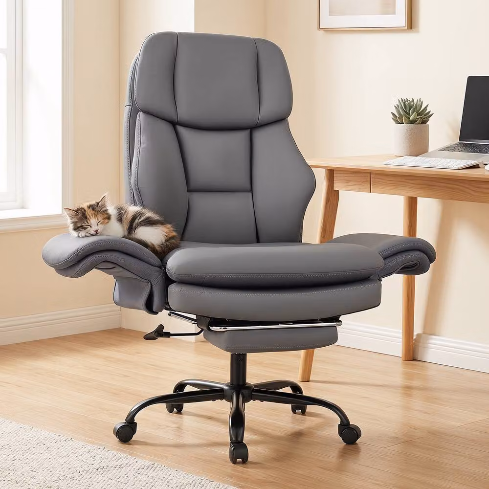 Gymax Grey Leather Executive Office Chair with Headrest and Armrests – 3