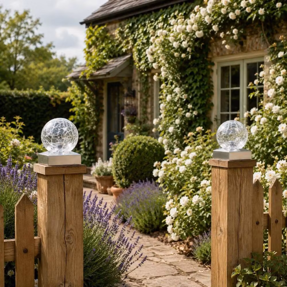 FLAVORA 2-Piece Solar Garden Crackle Glass Ball Lights in White and Silver – 2