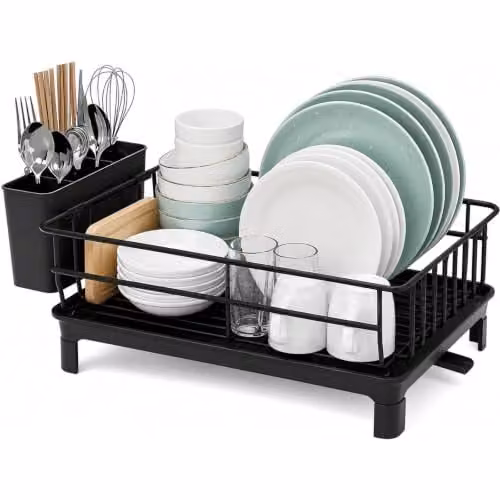 ATEK 1 Tier Stainless Steel Kitchen Dish Drainer Rack in Black with Cutlery Holder and Drip Tray