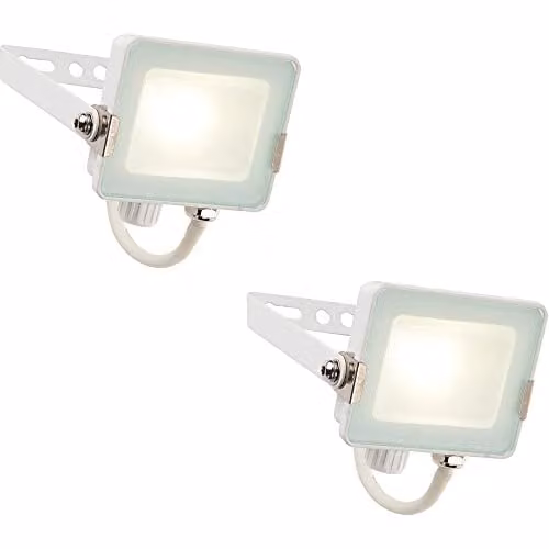 Loops 2 Pack Outdoor Waterproof LED Floodlight, 10W Cool White, Matt White Aluminium and Glass, IP65 Rated, Wall Mounted