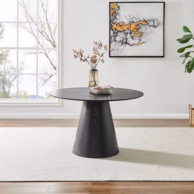 Modish Furnishing Black Round Lacquered Wooden Dining Table with Central Column Base