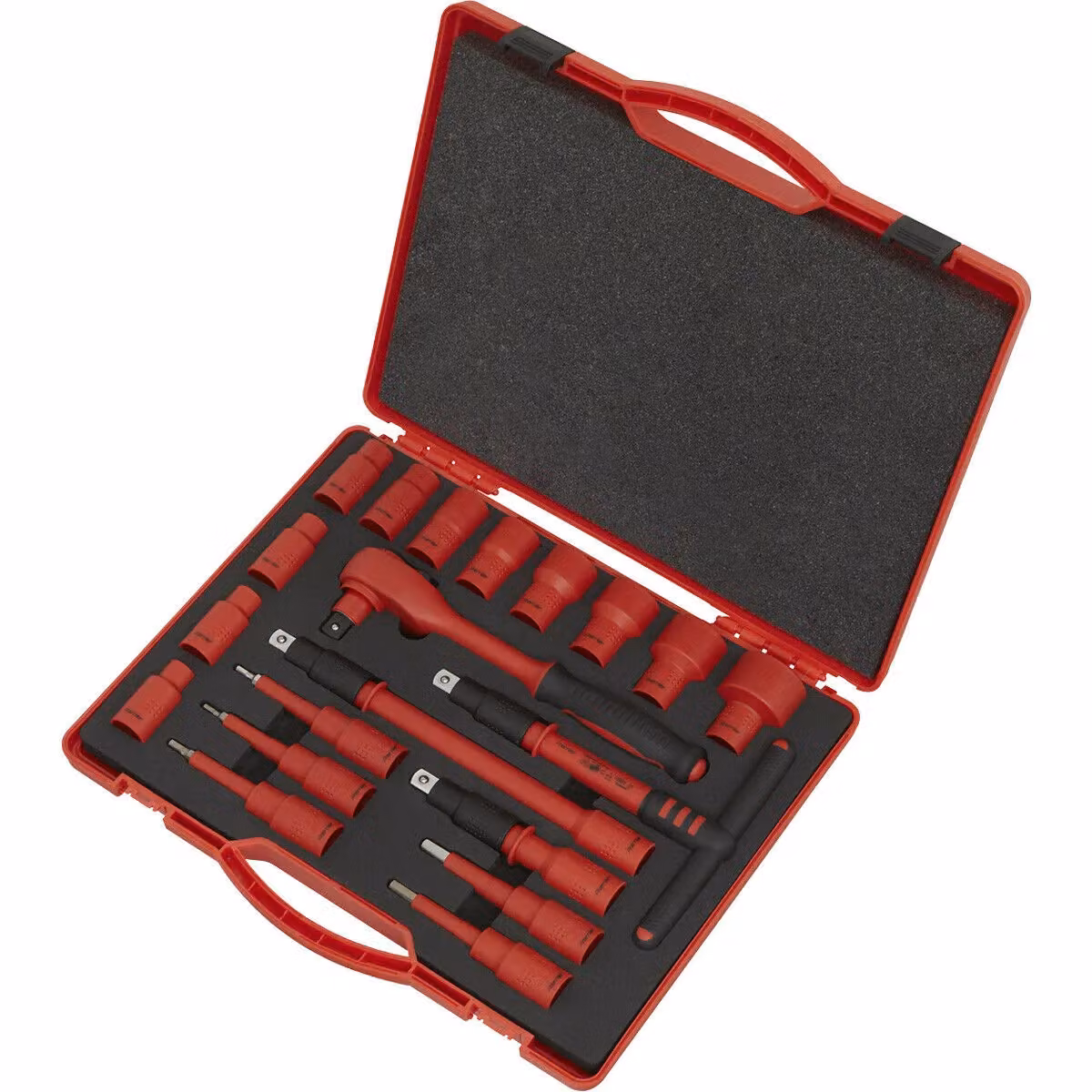 Loops 20-Piece VDE Insulated Socket and Ratchet Handle Set, 1/2 Inch Square Drive, 6 Point Metric, Red and Multicolour – 3
