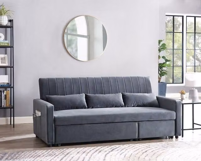Home Detail Devon Dark Grey Velvet Pull Out Sofa Bed with Ribbed Fabric Detailing and Side Pocket Storage
