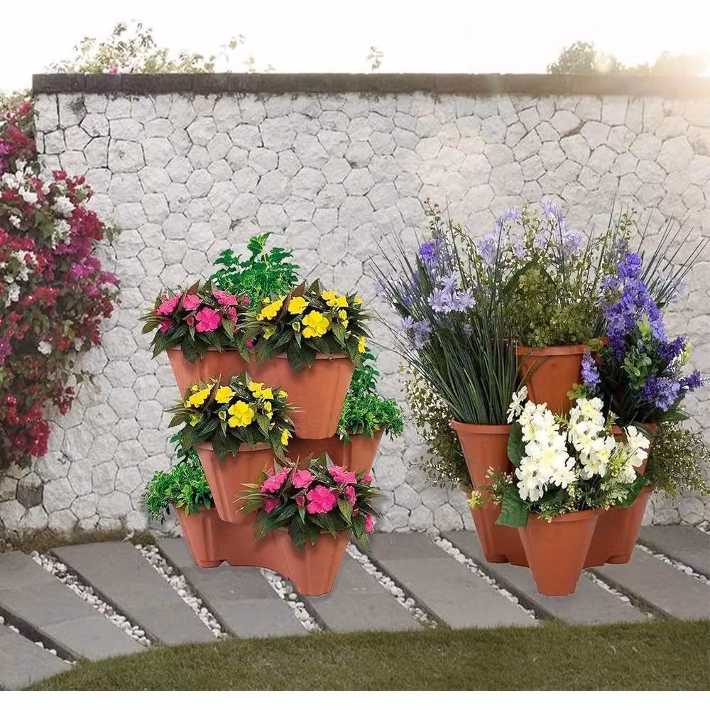EONLION Set of 6 Trio Stacking Plastic Garden Planter Tubs in Terracotta Brown – 3
