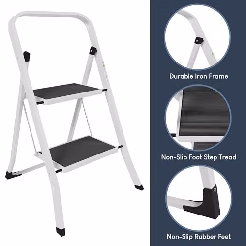 Home Vida 2 Step Steel Folding Ladder in White with Anti-Slip Rubber Feet and 150kg Max Load – 4