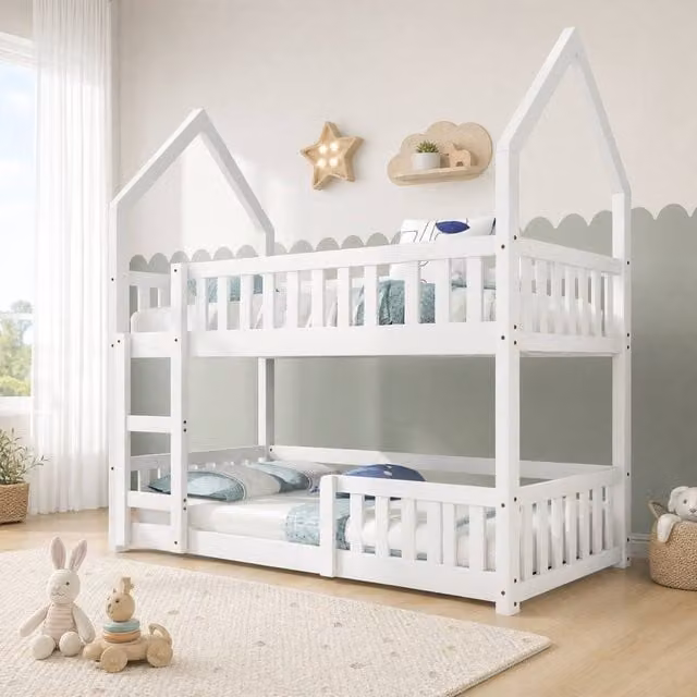 STILVORA Junior Single Elevated Bed Frame with Stairs in White Solid Wood