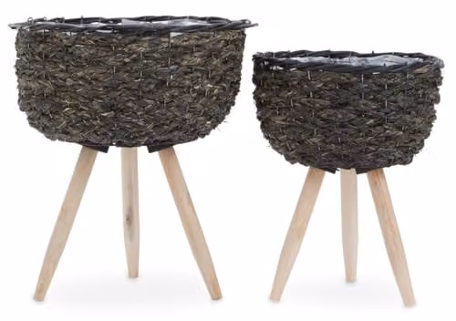 Premier Housewares Set of Two Black Round Tabletop Planters with Wooden Legs, W/D/H: 33 x 33 x 41 cm – 1