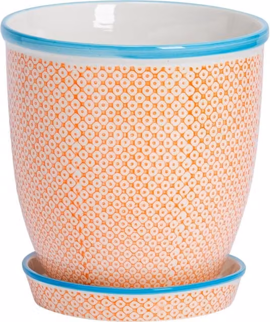 Nicola Spring Hand-Printed Ceramic Plant Pot with Saucer, Orange, Diameter: 20.5 cm – 1