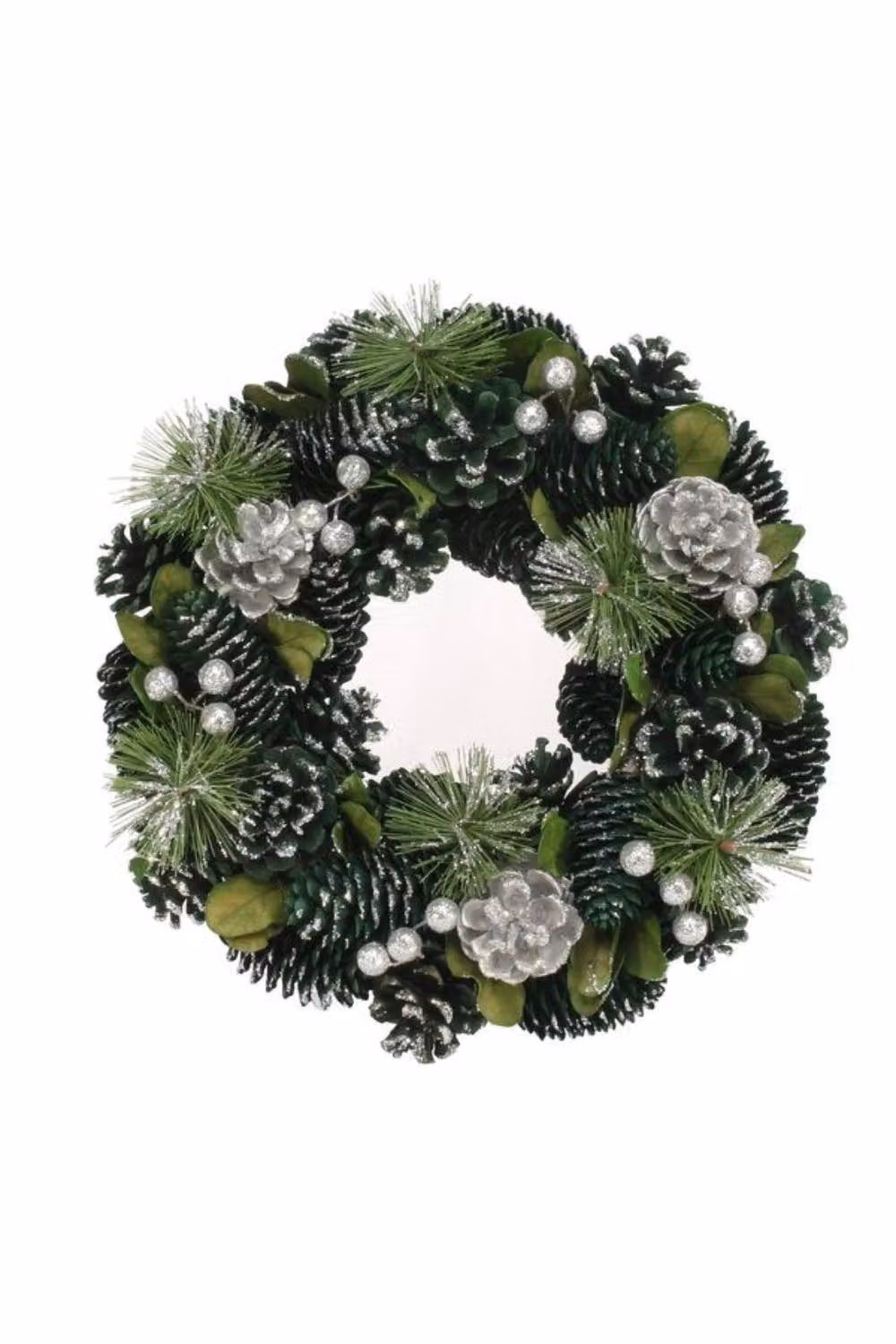 KDMD Green and Silver Glitter Pine Cone Christmas Wreath, Diameter: 30 cm – 2