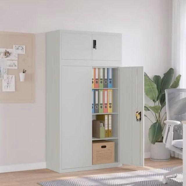 Berkfield Home Metal File Cabinet in Light Grey with Lock and Adjustable Shelves, W/D/H: 90 x 40 x 180 cm – 1