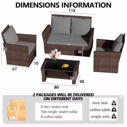 Birchtree 4 Seater Rattan Garden Furniture Set with Cushions and Coffee Table in Brown – 2