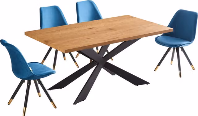 Life Interiors Sofia Duke LUX Dining Set with Rectangular Wood Table and 4 Blue and Gold Modern Chairs