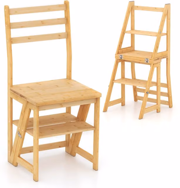 COSTWAY Convertible Step Stool and Chair with Safety Locks for Adults in Brown Bamboo Wood