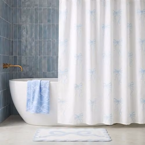 OHS Bow Print Polyester Shower Curtain in White and Blue, Mould Resistant and Waterproof, W/H: 180 x 180 cm – 1