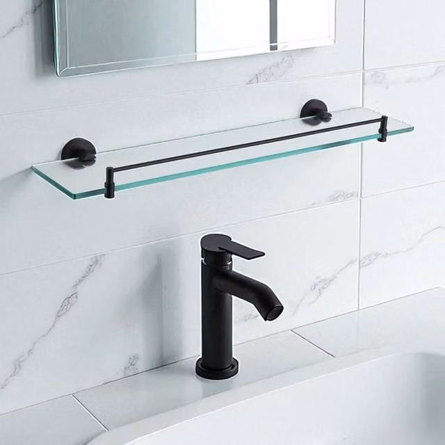 Showerdrape Modernity Wall Mounted Frosted Glass Vanity Shelf in Black Stainless Steel, Width: 50 cm