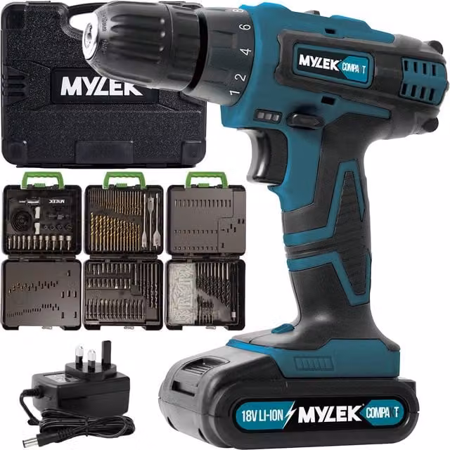 MYLEK 4ORCE Cordless Drill with 204 Piece Accessory Kit in Blue and Black