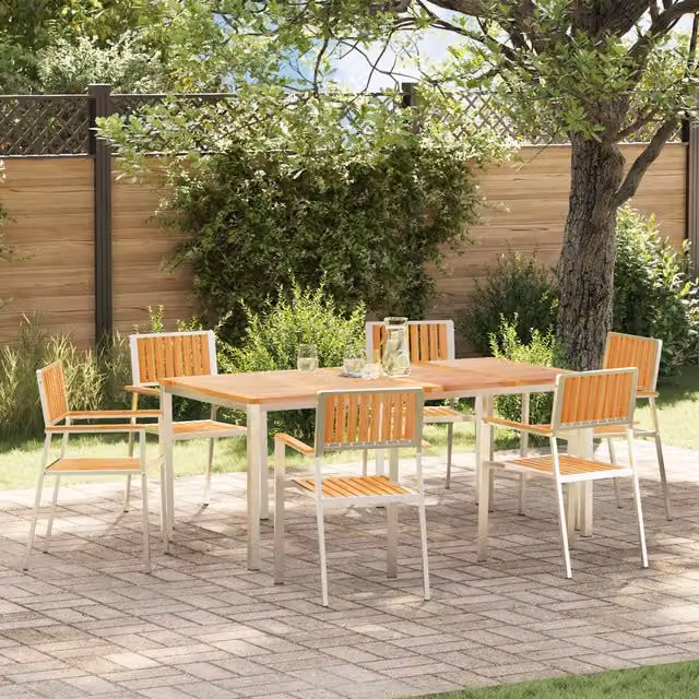 Berkfield Home 7 Piece Modern Teak Garden Dining Set in Brown and White – 1