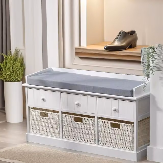 FURNOS Shoe Storage Bench with Cushioned Fabric Seat and 6 Drawers in White – 1
