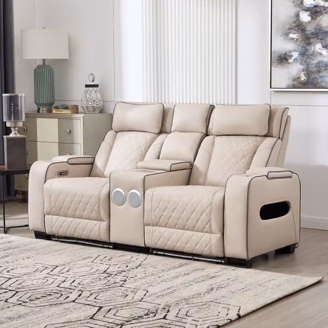 More4Homes Capri Electric Recliner Sofa Set in Beige with Bluetooth Speakers, USB Charging and LED Lighting
