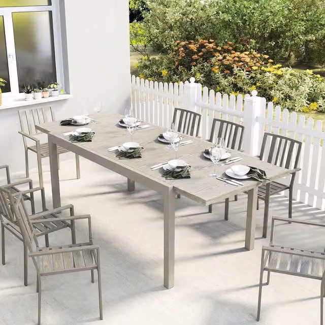 Outsunny Extending Aluminium Garden Dining Table for 8-10 People in Light Grey Wood Effect