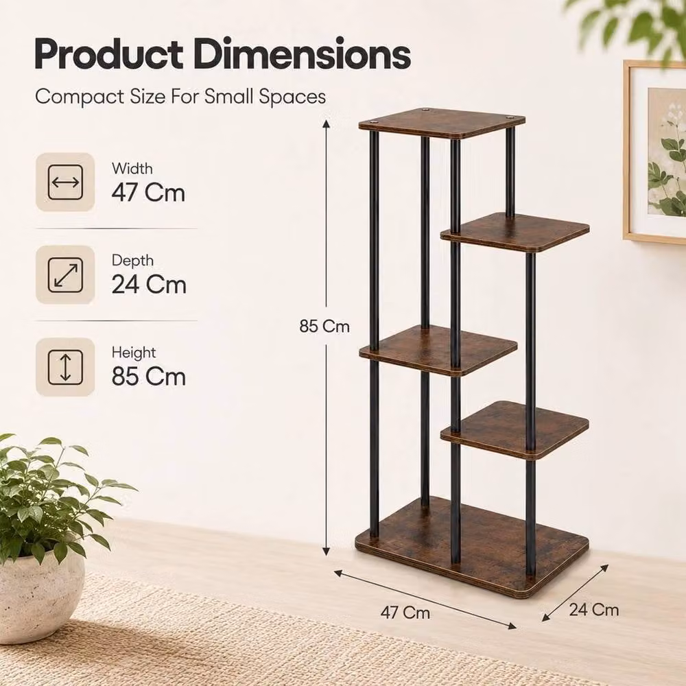 Kelvenix 5-Tier Industrial Wood and Metal Corner Plant Stand in Brown and Black – 2