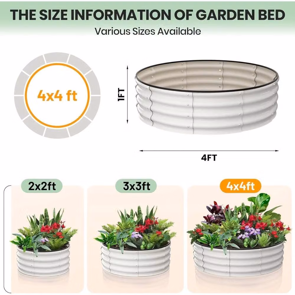 VOGREX 2-Piece Round Galvanised Steel Raised Garden Beds in White, W/D/H: 121.92 x 121.92 x 30.48 cm – 2