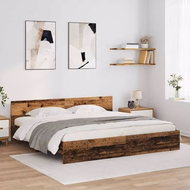Berkfield Home Modern Bed Frame with Headboard and Under-Bed Lighting in Brown Engineered Wood, 200 x 200 cm
