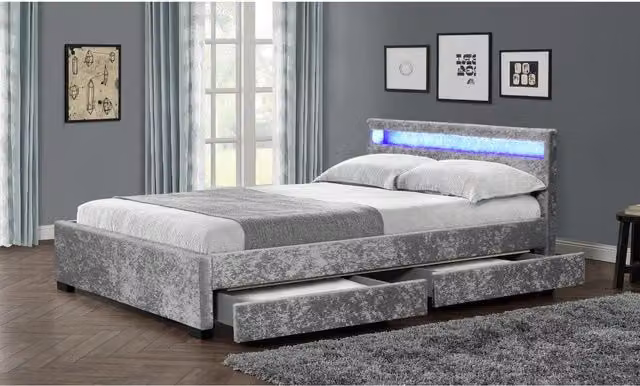 Home Detail Comet Silver Velvet Upholstered Double Bed with LED Under-Bed Lighting
