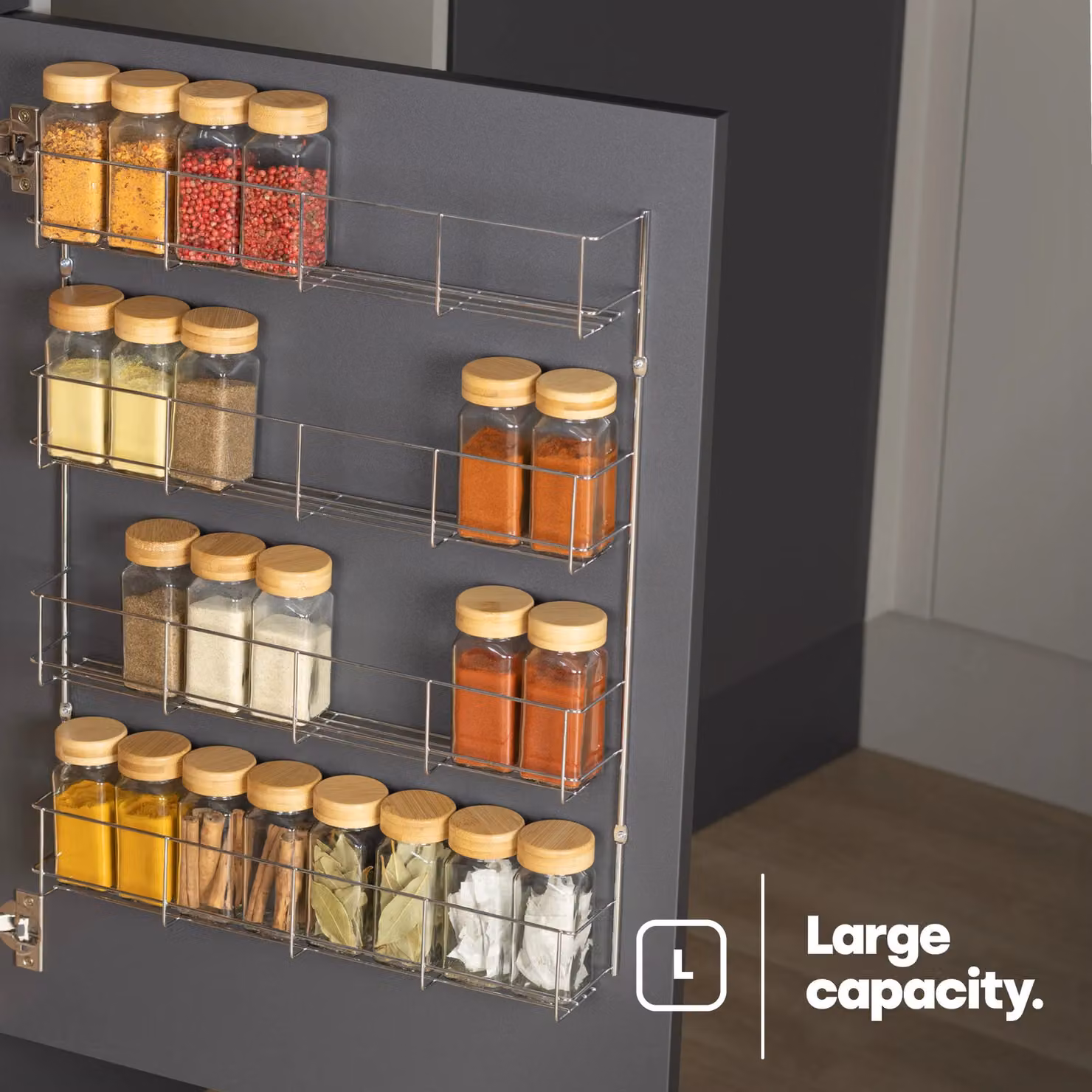 LIVIVO 4 Tier Metal Spice Rack with Cupboard Door in Metallic Silver – 4