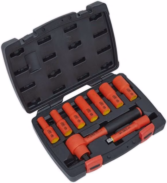 Loops 9pc VDE Insulated Socket and Ratchet Handle Set, 3/8 inch Square Drive, 6 Point Metric, Red and Multicolour