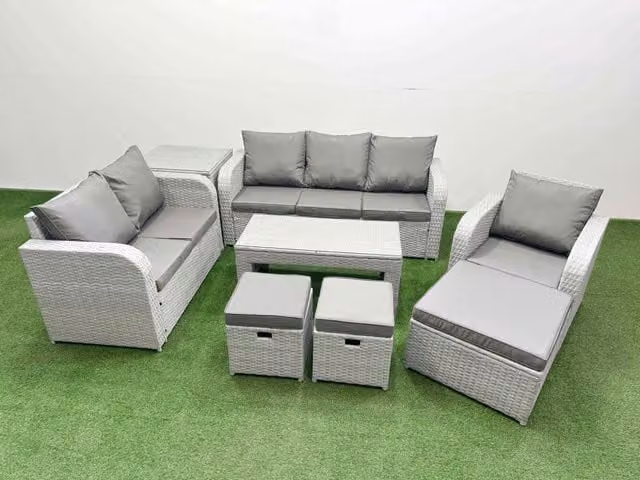 Fimous Patio 9 Seater Grey Rattan Outdoor Furniture Set with Coffee Table, 3 Seater Sofa, Loveseat, Reclining Chairs, Stool and Ottoman