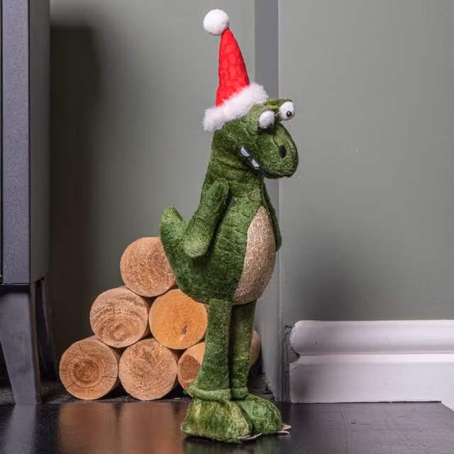 Samuel Alexander Green and Gold Standing Christmas Dinosaur with Santa Hat, Height: 37 cm – 1