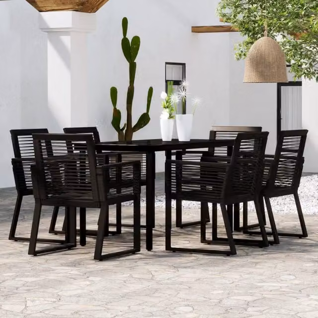 Berkfield Home 7 Piece Modern Black Garden Dining Set with Metal, Glass and Rattan