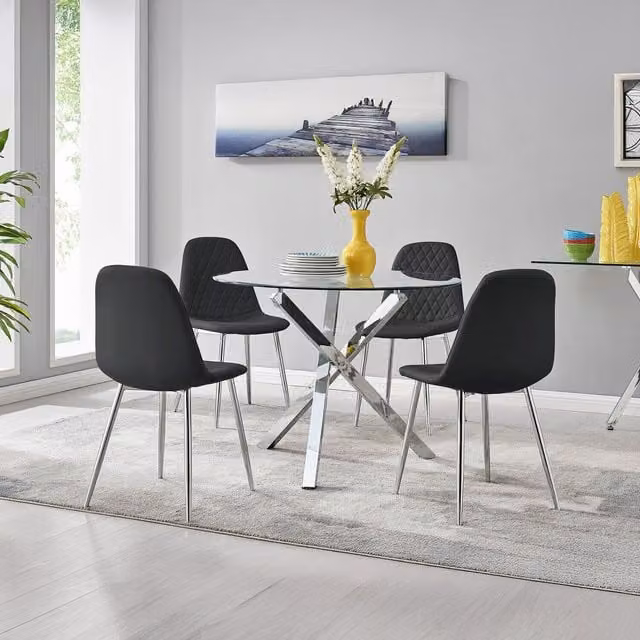 FurnitureboxUK Selina Round Glass Dining Table with 4 Corona Silver Chairs in Black and Silver