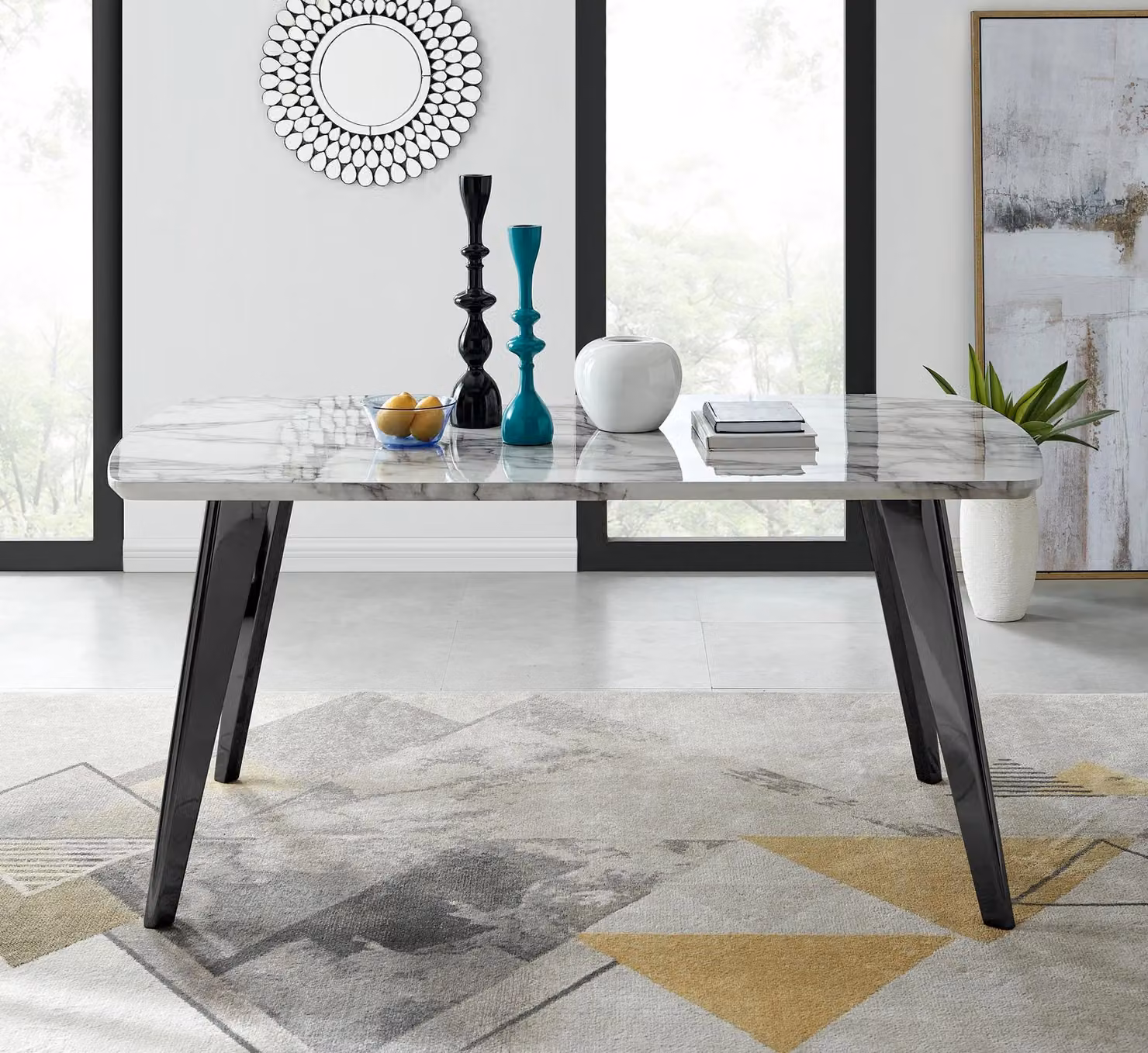 FurnitureboxUK Andria Marble Effect Rectangular Dining Table and 6 Milan Velvet Black Chairs with Gold Accents, W/D/H: 160 x 90 x 75 cm – 2