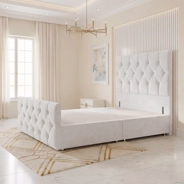 Somnior Beds Ltd Chesterfield Velvet Divan Bed Base with Floor Standing Headboard and Footboard in White, Superking, 200 x 200 cm