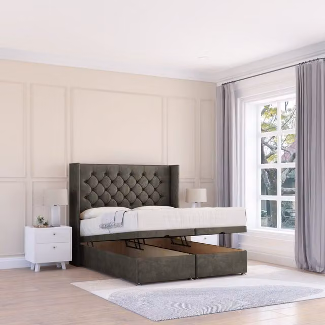 Sloomy Dior Dumfries King Size Fabric Ottoman Bed in Dark Grey with Winged Floorstanding Headboard and Hybrid Memory Mattress W/D/H: 180 x 200 cm