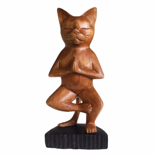 KDMD Handcarved Brown Wooden Yoga Cat Standing on One Leg – 1