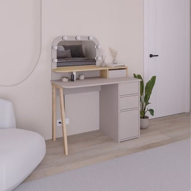 Avien Modern Hollywood LED Dressing Table in Mocha Grey and Oak